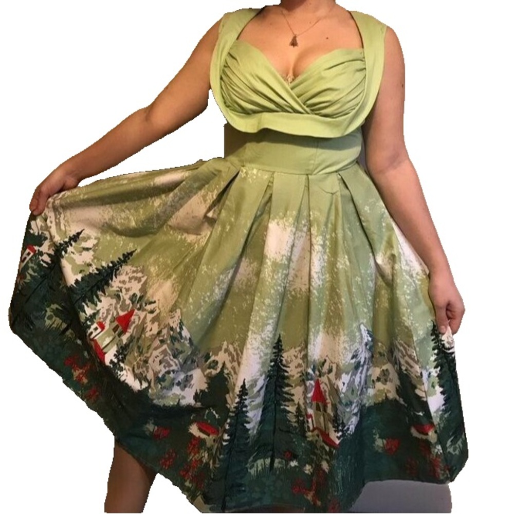 Lunajany Retro Swiss Alps Fit & Flare Dress Green Mountains Large Rockabilly